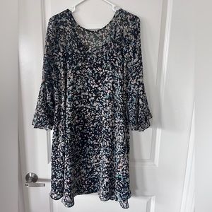 Flowy Flattering Patterned Dress with Bell Sleeves & Sheer Top